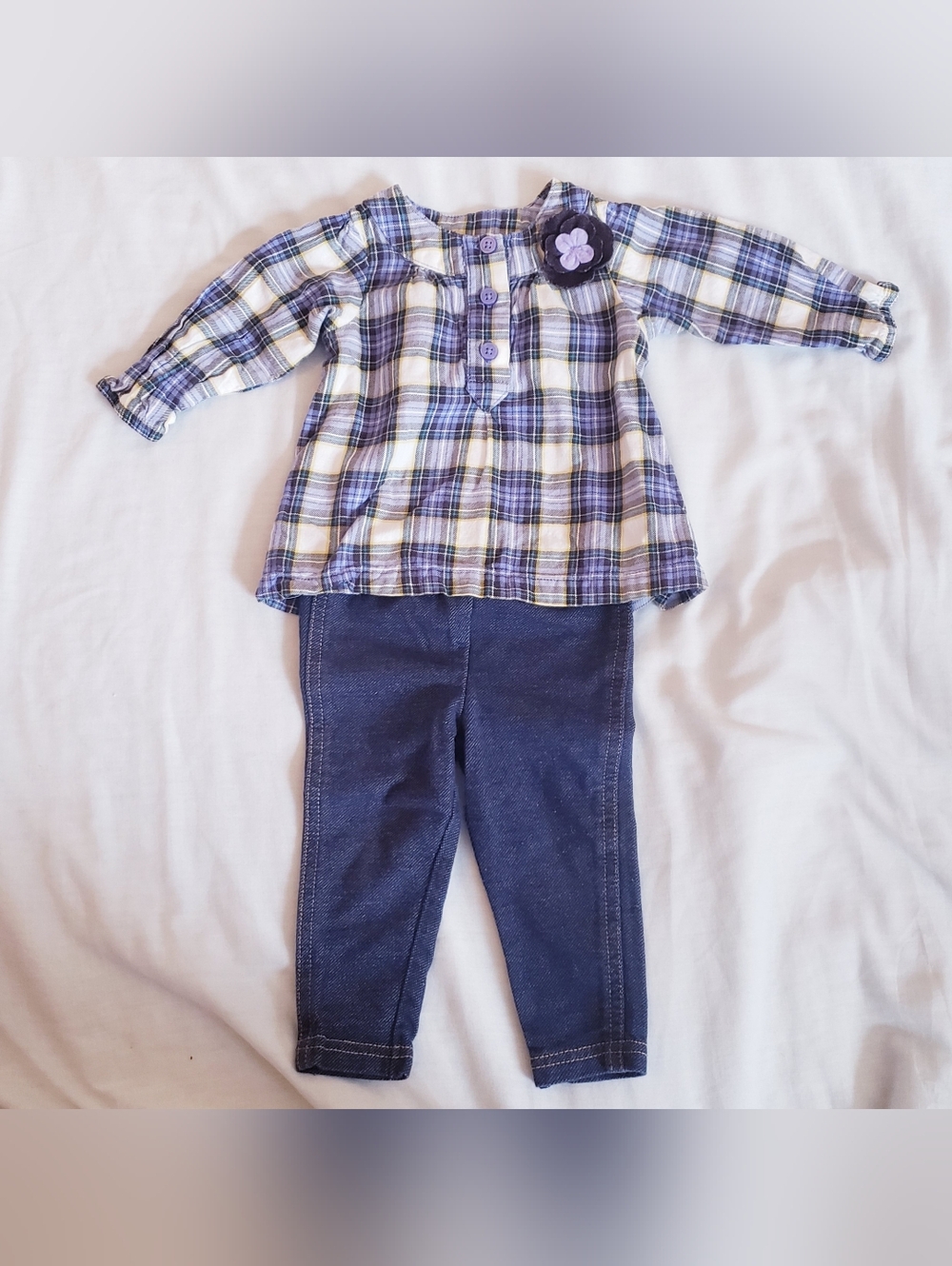6 Month Girls Plaid And Denim Outfit